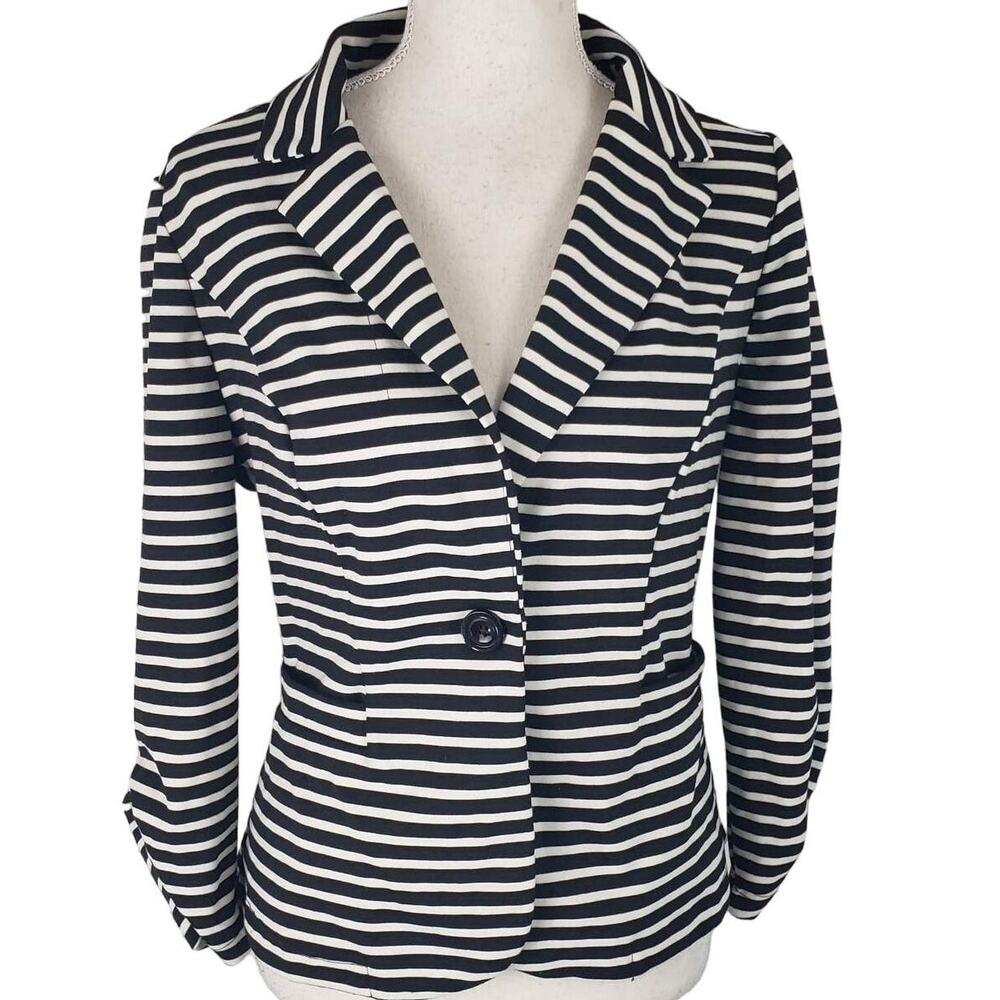 Ambition Notched Collared Single Button Ruched Sleeve Stretch Striped Blazer M